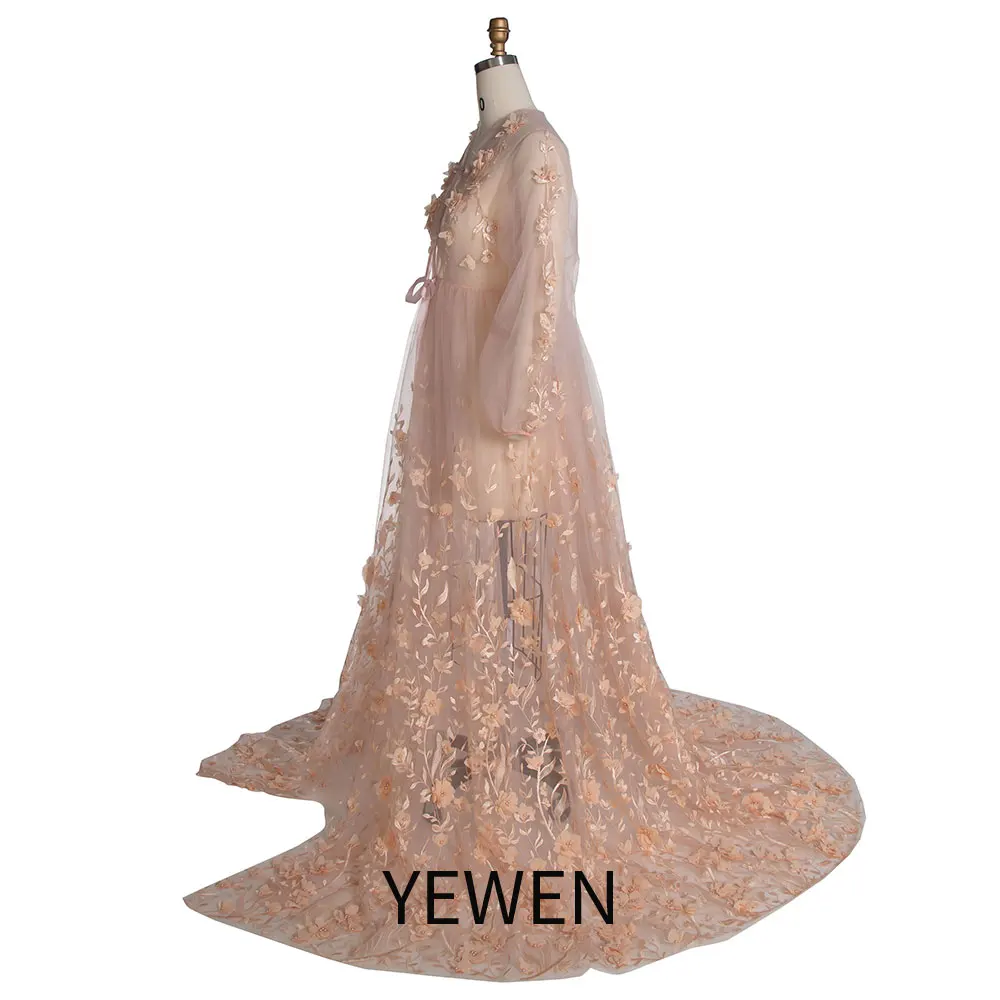 Blush 3D Floral Lace Boho Maternity Dress Sheer Mesh Fairy Outfit for Photoshoot YW240107