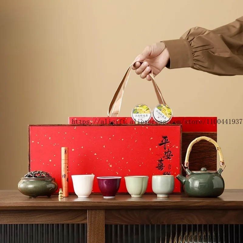 

Chinese Culture Inspired Five Great Kilns Tea Set Gift for Elderly Leaders Clients Friends Birthday