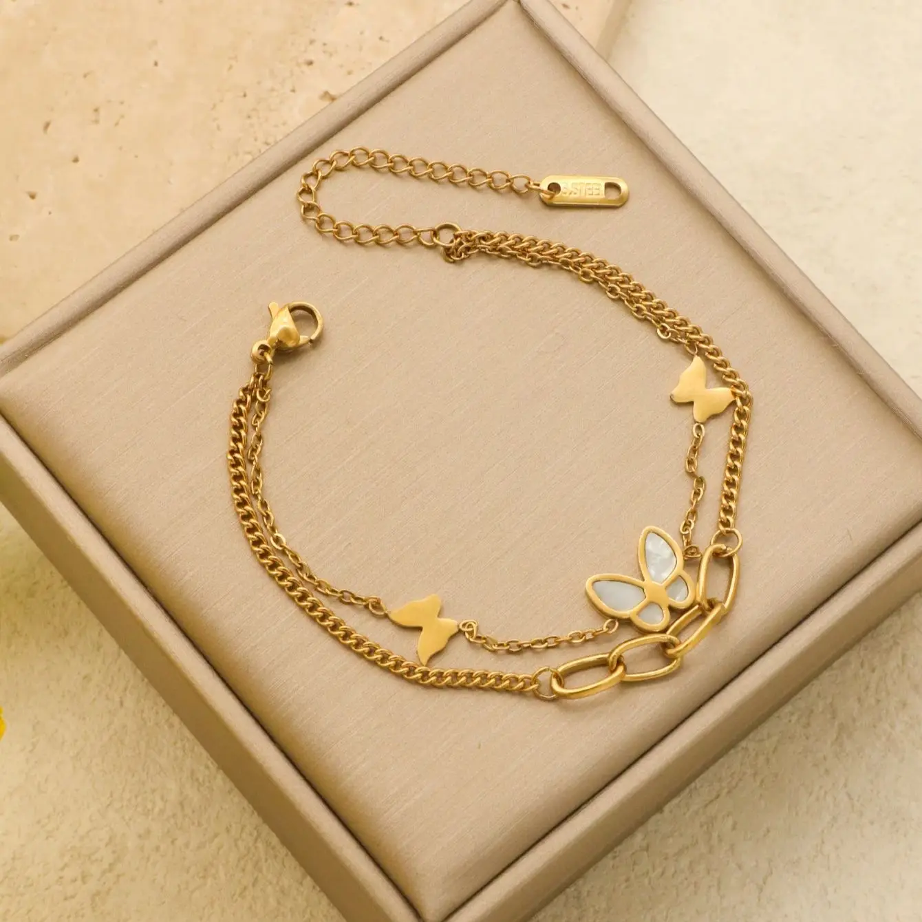 1-częściowa wykwintna bransoletka w kształcie motyla ze stali nierdzewnej nie blaknąca biała bransoletka z muszli damski dwuwarstwowy łańcuszek prezent ślubny