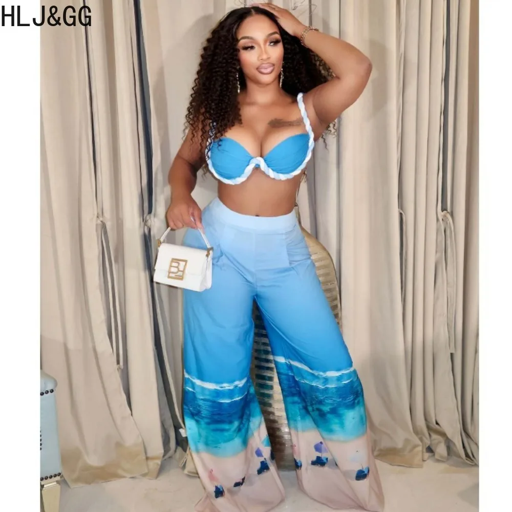 

HLJ&GG Blue Fashion Gradient Printing Wide Leg Pants Two Piece Sets Women V Neck Thin Strap Top And Pants Outfits Sexy Clothing