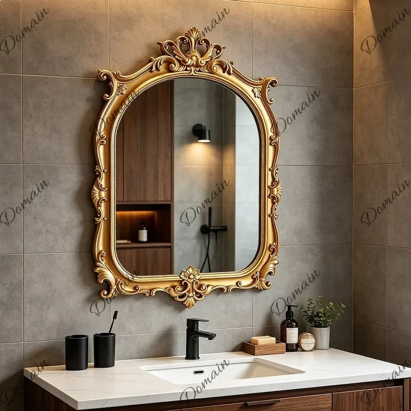 N80 American Vintage Carved Bathroom Mirror Wall Mounted Vanity Decorative Mirror for Entryway Fireplace