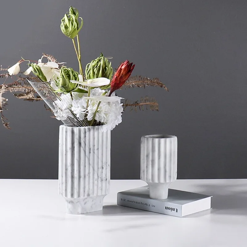 INS White Marble Fluted Vase, High-end Flower Vessel for Fresh Flowers, Decor for Home, Hotel, B&B Living Room Soft Furnishing