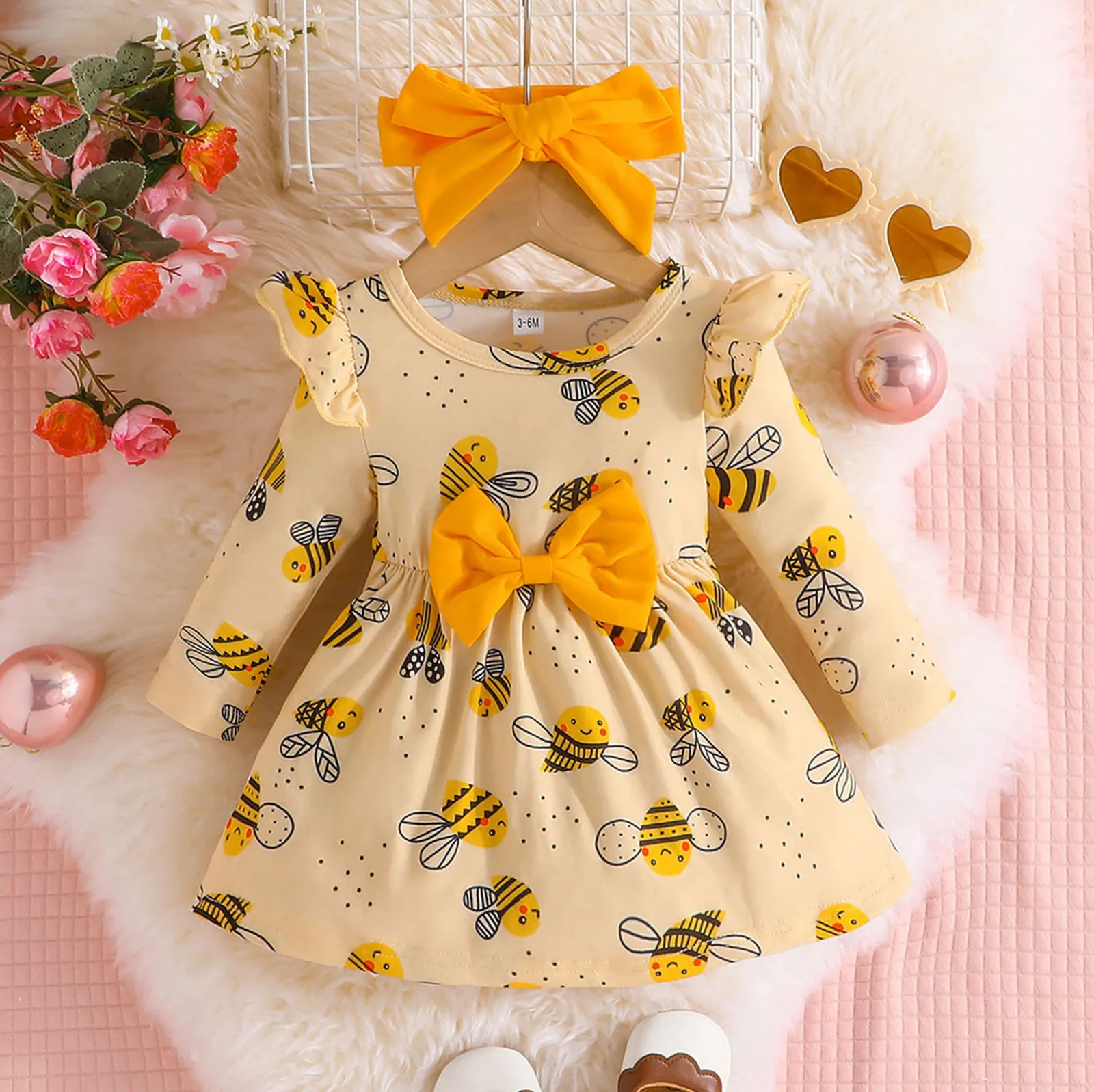 0-24M Infant Baby Girls Cartoon Prints Bowknot Princess Dresses With Headband 2024 Spring Long Sleeve Cute Birthday Party Dress