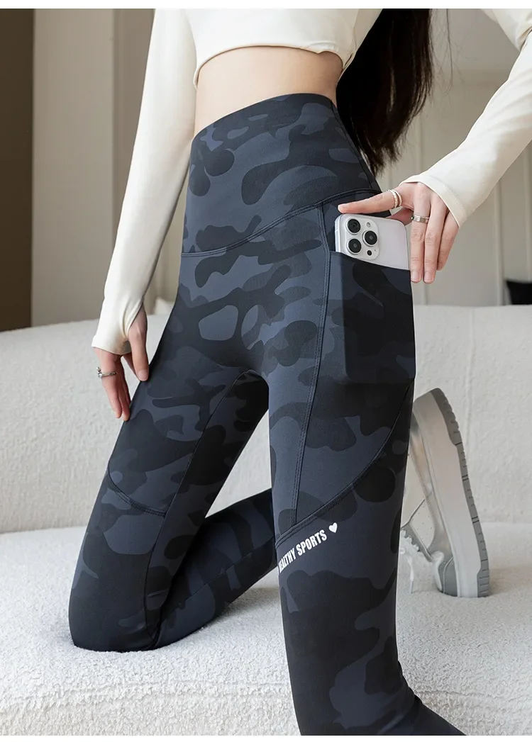 Frauen Camo Shark Hosen Hohe Taille Tasche Leggings Große Größe Dehnbare Casual Hosen Mode Dünne Yoga Fitness Hosen – Detail 20