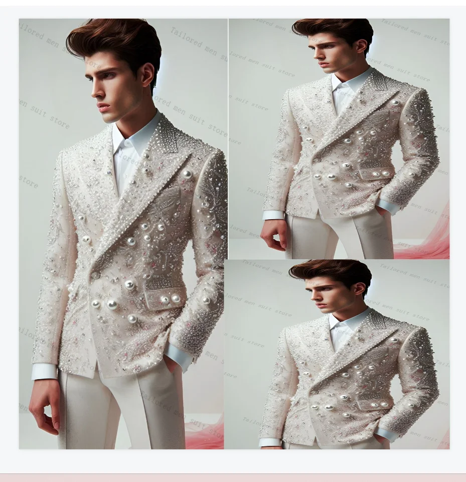 

Ivory Men Suits Set 2 Pieces Blazer+Pants Trousers Luxury Pearls Crystals Wedding Tuxedos Jacket Formal Office Groom Prom Coat