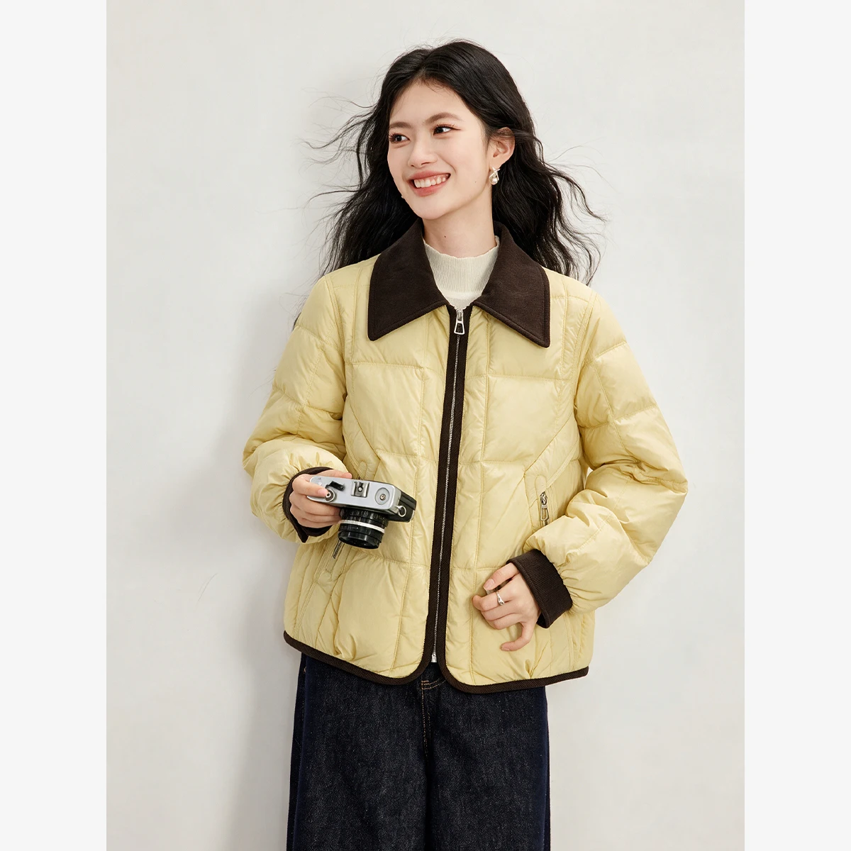VIMLY Yellow Puffer Jacket for Women 2026 Winter Color Block Lapel Thick Warm Zip-up Short Coat Warm Fashion Outerwear 31931