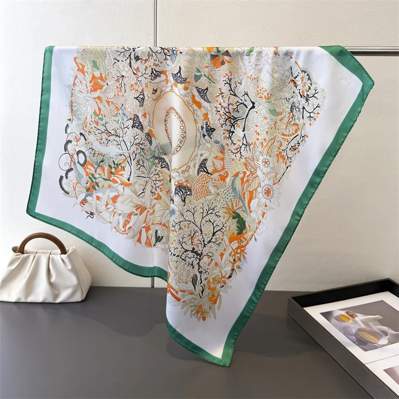 Floral Printed Square Scarf For Women Imitation Silk Scarves Bandanas Luxury Hijab Neckerchief Elegant Beach Shawl Wraps