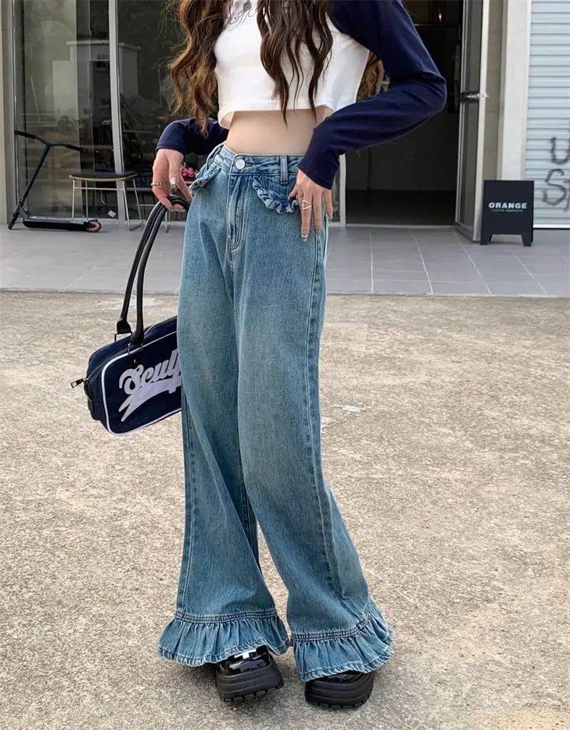 Flare Jeans Ruffles High Waist Women Baggy Washed Vintage Harajuku Streetwear Retro Denim Floor Mopping Pants