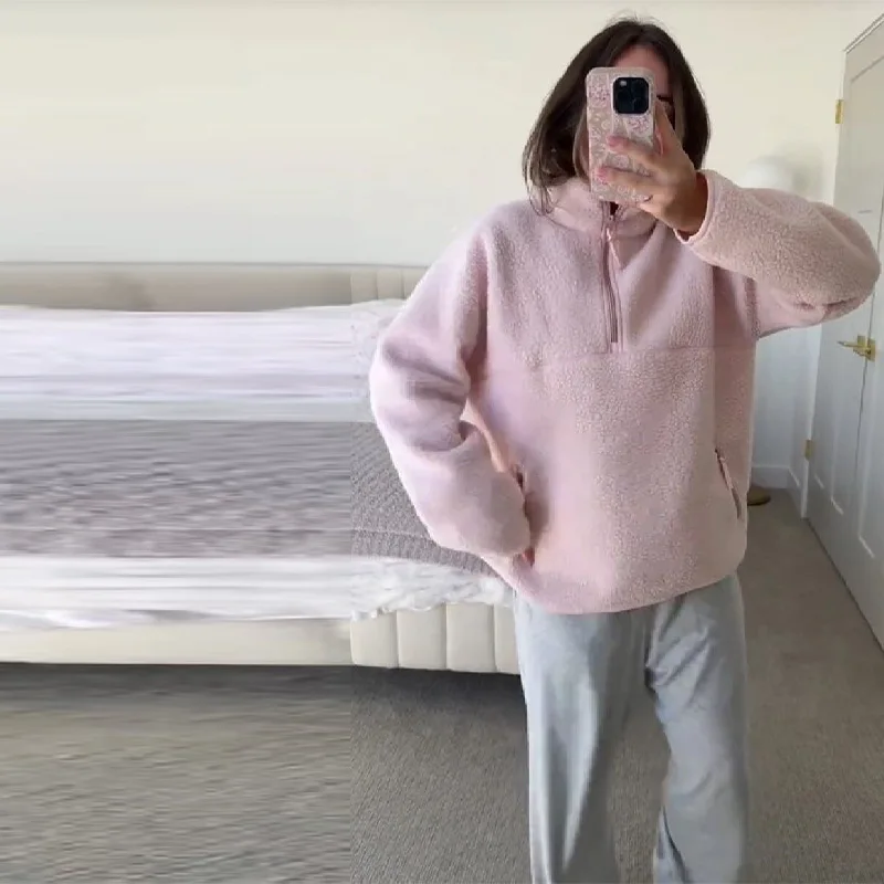 

Women's Pink Half-zip High Neck Sweatshirt Autumn Winter Loose Casual Lambswool Pullover 2025 Fashion Y2k Versatile Streetwear