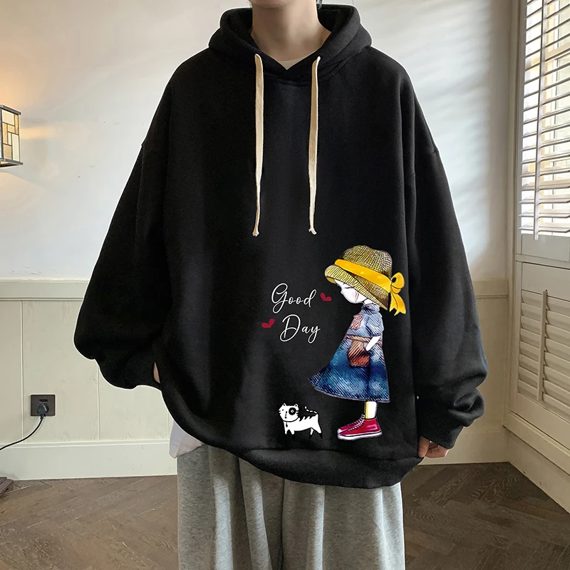

Мужская толстовка большого размера, черные толстовки 5XL с шляпой большого размера для мужчин, аниме, собака, девушка, принт, мужская повседневная одежда, толстовка с капюшоном, мужская толстовка