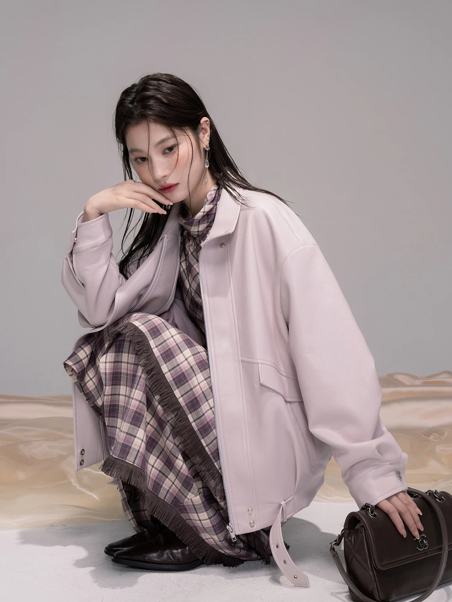 

COTRE Sweet Cool Contrast Rio Fog Purple Jaet Sle Protein Sensation Eco Friendly Leather Coat Women's Faion Outerwear