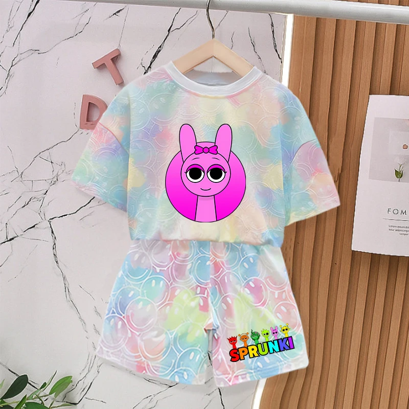 

2pcs Sprunkid Summer Clothing Sets for Baby Girl Outfits Cute Print Tie-dye Smlie Tees Children Short Sleeve T Shirt Shorts 2pcs