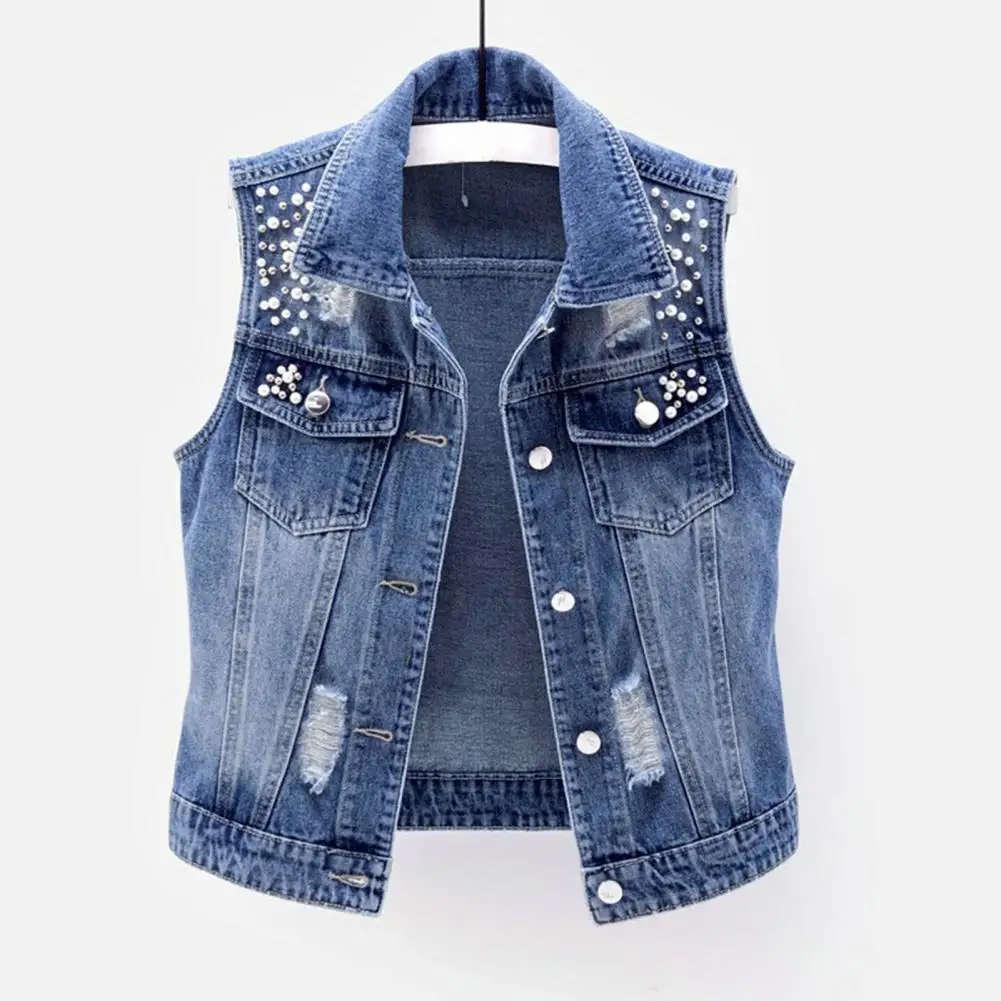 

Pockets Women Vest Vintage Beaded Denim Vest for Women Hop Streetwear Waistcoat with Solid Color Lapel Firm Stitching Fall