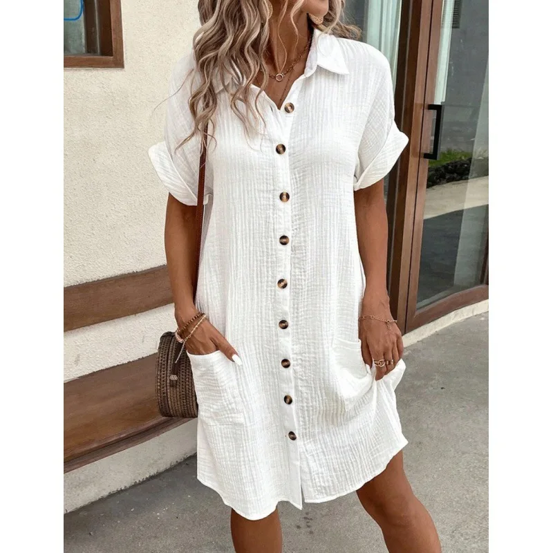 Mode Baumwolle Leinen Frauen Kleid Sommer V-Ausschnitt weiß Mini kleid lässig Frauen Vintage Shirt Kleid Vestidos weibliche Beach wear