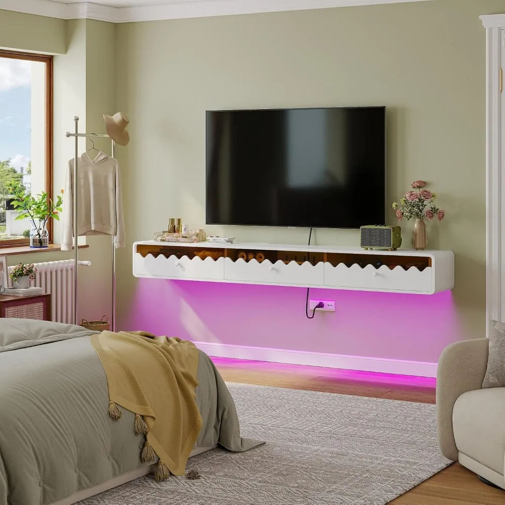 حامل تلفزيون عائم، زجاج مموج مثبت على الحائط مقاس 47 بوصة مع باب وأدراج قابلة للطي، وحدة تحكم ترفيهية حديثة للوسائط