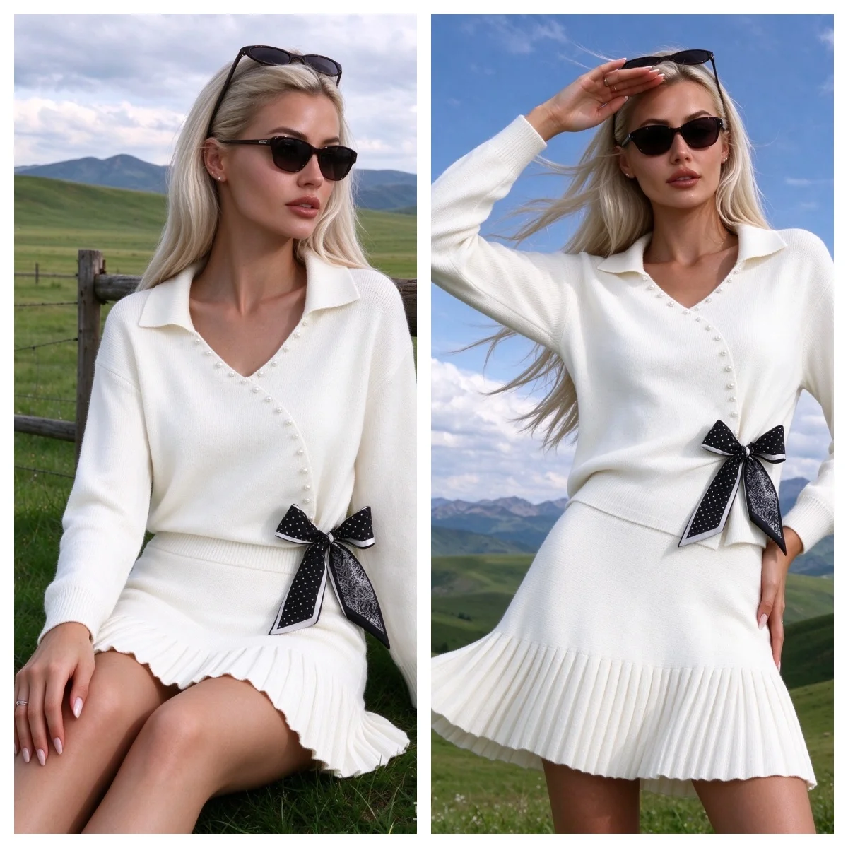 Guobioziy Women's Suit 2026 Early Autumn New Casual Simple Versatile Long-Sleeve Heavily Beaded Bow-Knot Pleated Hem Knit Set