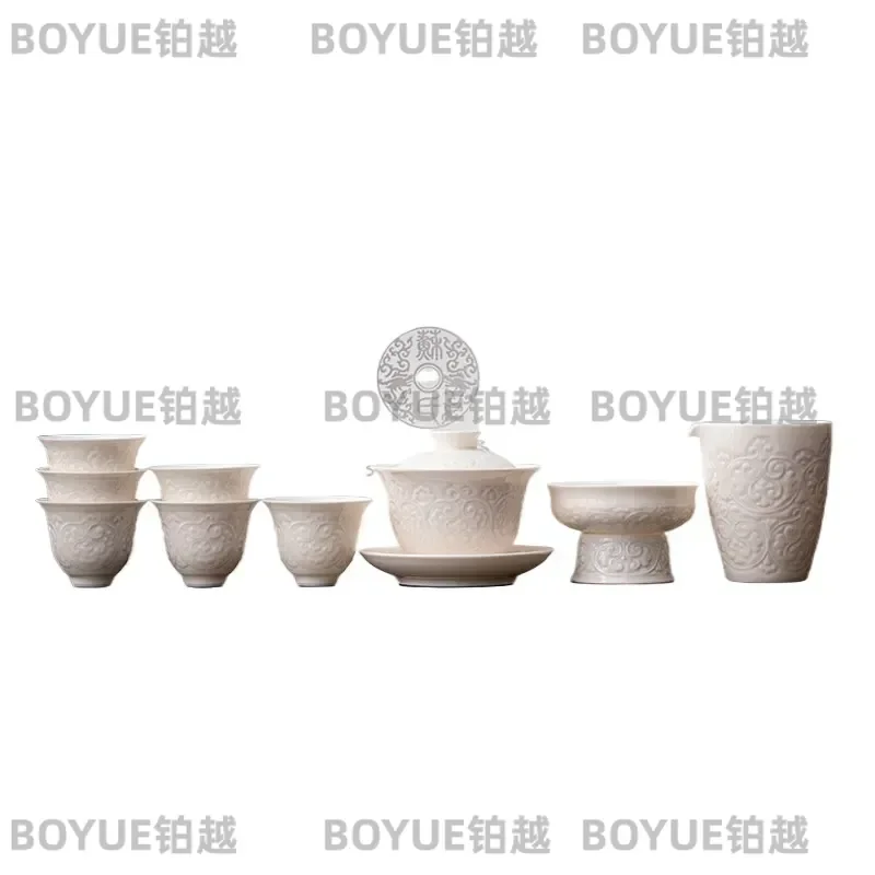 Red Relief Treasure Pattern Kung Fu Tea Set Su Jade Porcelain Ceramic Teapot Cup Traditional Chinese Gongfu Ware