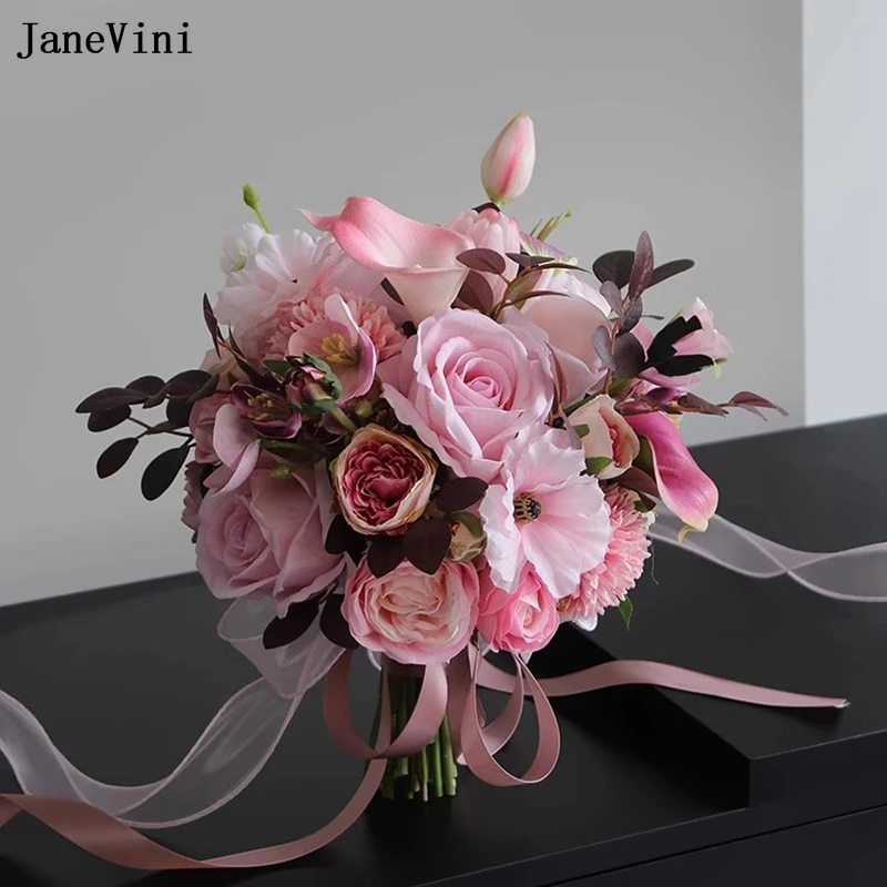 

JaneVini Luxury Wedding Bouquets Pink Bridal Flowers Handmade Silk Roses Real Touch Korean Bride Bouquet Outdoor Bouquet Mariage