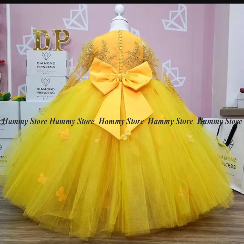 Robe de bal jaune pour filles, à fleurs, col rond, manches longues, avec appliques, longueur au sol, robe de première Communion, robes de fête d'anniversaire