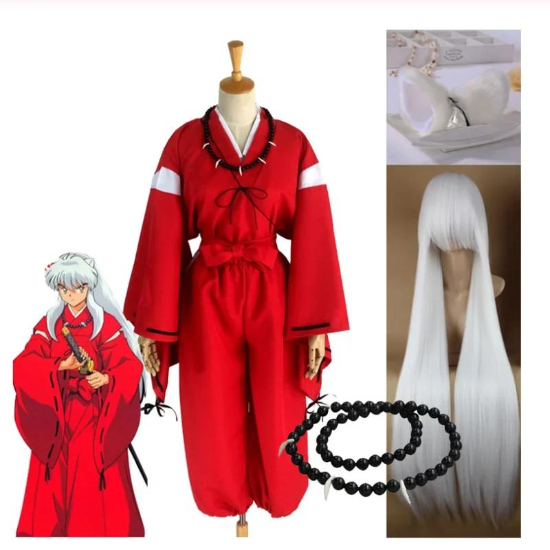 Anime Inuyasha Cosplay Costume Red Japanese Kimono Man Robe Costume Clothing With Wigs Ears And Necklace For Halloween Party PA4