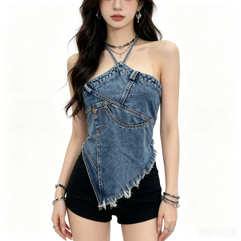 2026 Summer Y2K Style Women's Denim Halter Strapless Top Street Fashion Spicy Girl Washed Patchwork Irregular Fringed Camisole