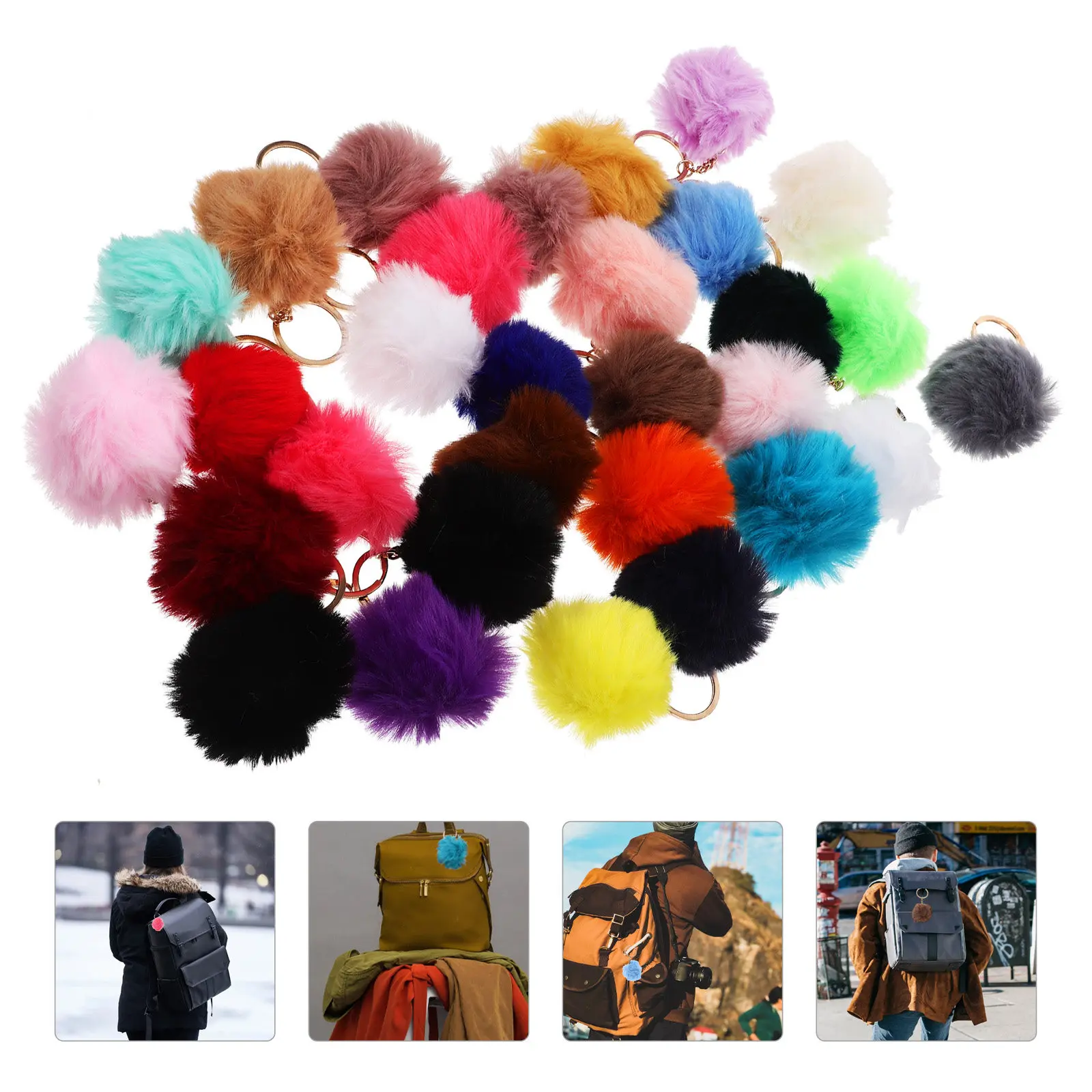 30Pcs Pom Pom Pendant Faux Rabbit Ball Keychains Portable Hanging Ring Key Chain Accessories for Handbag Backpack