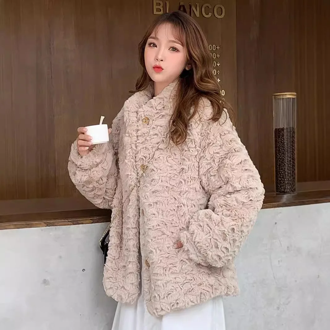 معاطف نسائية قصيرة متينة سترات من فرو الأرنب الصناعي بياقة واقفة وأكمام طويلة واحدة الصدر فضفاضة أنيقة غير رسمية لخريف وشتاء 2025