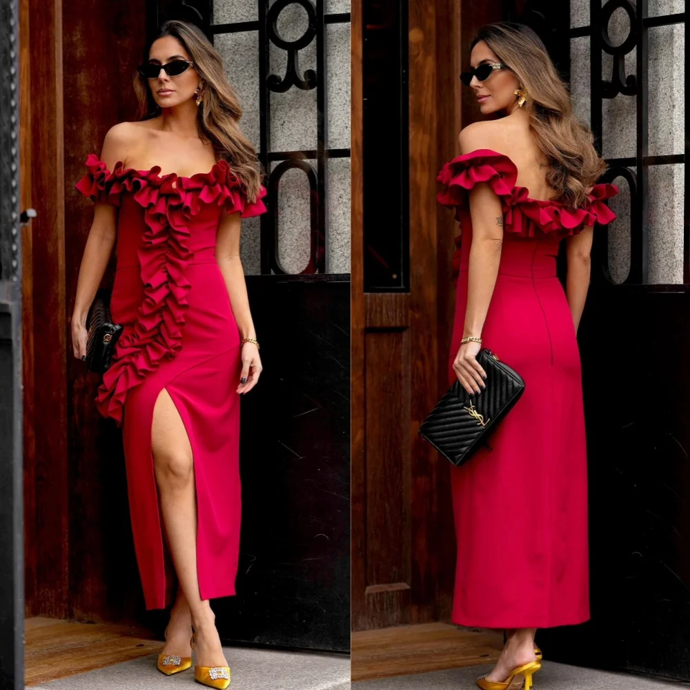 Customized Jersey Ruched Evening A-line Off-the-shoulder Bespoke Occasion Gown Midi Dresses