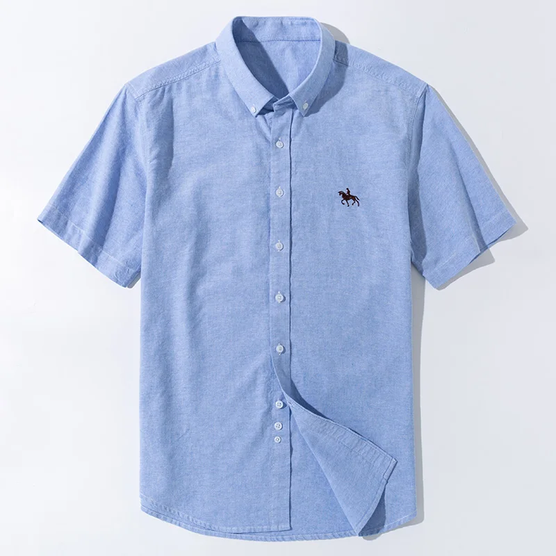 New Men\'s Short Sleeve Striped Plaid Casual Shirt Cotton Oxford Shirt Men\'s Pocket Embroidery Regular Fit Button Work Shirt