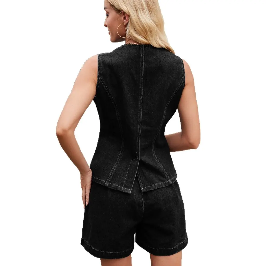 

Women's Summer Casual Denim Shorts Suit Sleeveless Washed European And American Style Clothing from