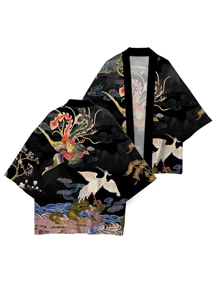 Chinese Style Phoenix Print Japanese Kimono Asian Traditional Costume Cardigan Tops Summer Hunting Jacket Samurai Jacket Unisex