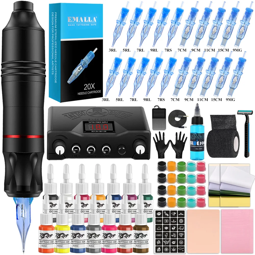 

Professional Tattoo Machine Pen Kit with EMALLA ELIOT Tattoo Cartridge Needle for Tattoo Beginners Set Permanent Makeup Body Art