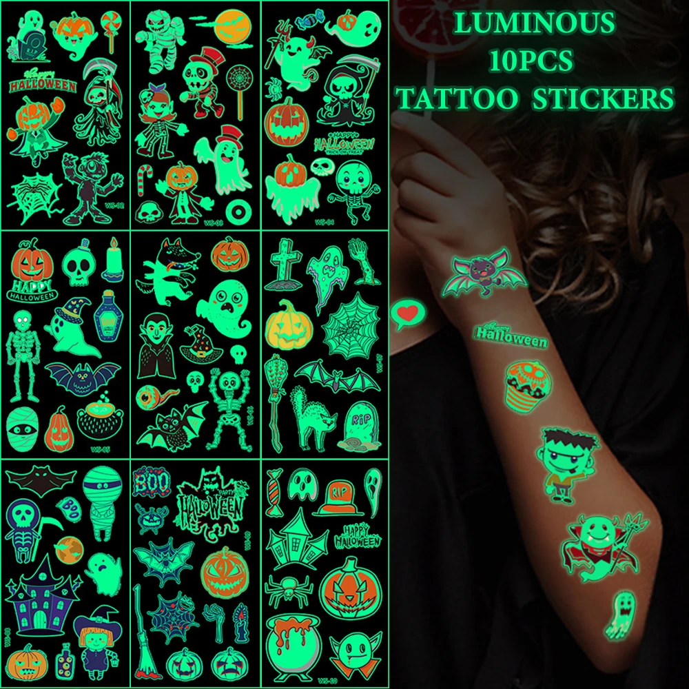 

10 Sheets Luminous Halloween Tattoo Stickers Waterproof Scary Skeleton Ghost Spider Web for Kids Adults Party Face Body Makeup