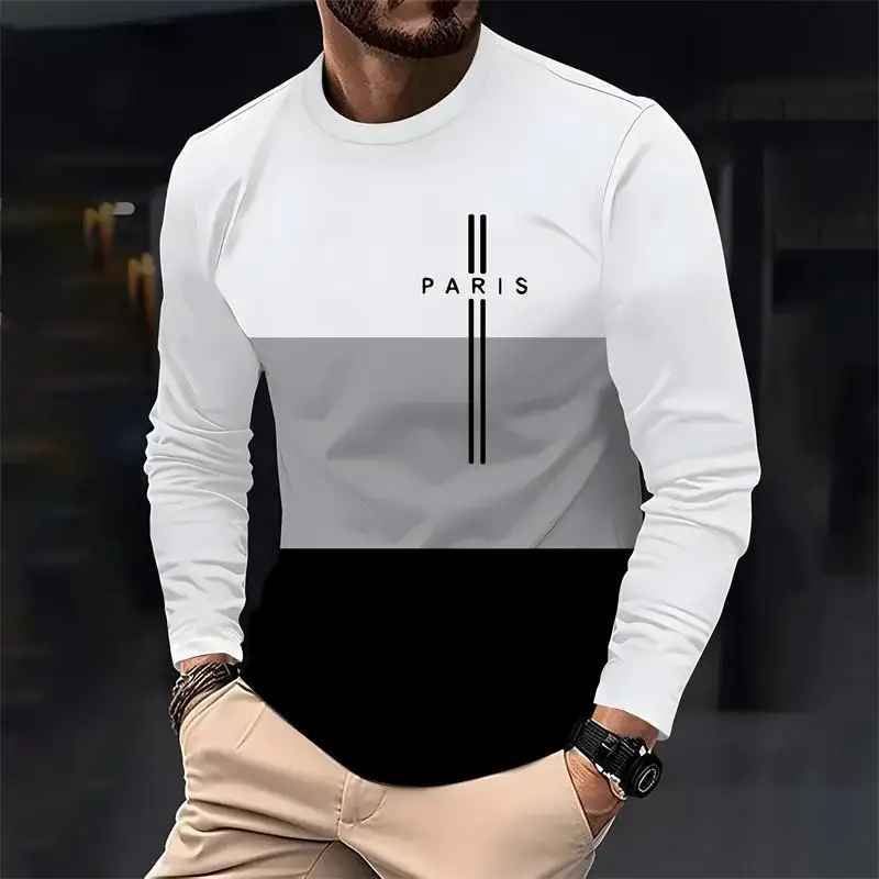 باريس متعدد الألوان الرجال فضفاضة طويلة الأكمام تي شيرت مطبوع موضة Crewneck تي شيرت غير رسمي مريح الرجال الربيع والخريف