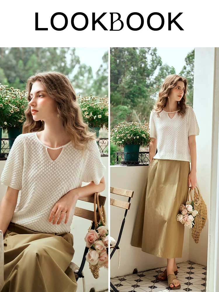 OLrain-jerséis de punto con cuello en V francés para mujer, Tops holgados de manga corta con perlas y cuello redondo, verano 2025, O24XZ92208