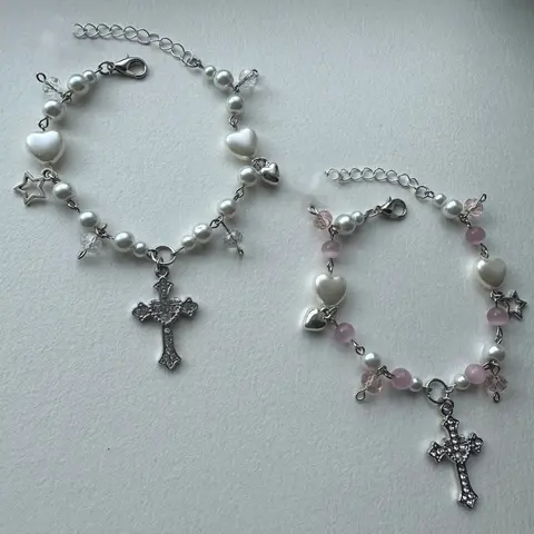 Pulseiras inspiradas em Lana del rey feitas à mão |   Pulseira combinando com estrela e coração com gema Y2K |   Joias de fadas