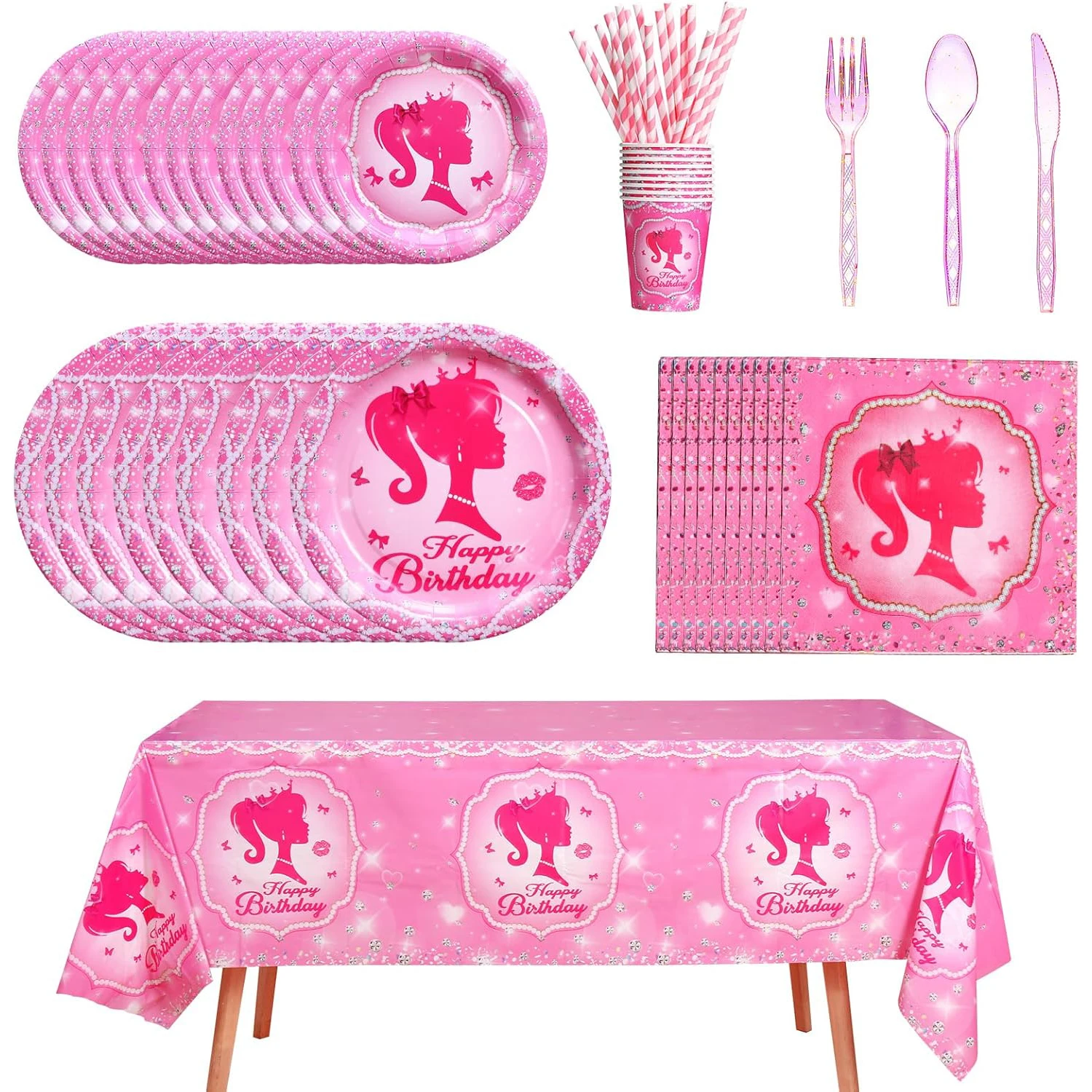 

161CT Pink Babe Girl Happy Birthday Party Supplies Hot Pink Girl Party Decorations Tableware for 20 Guests for Baby Shower