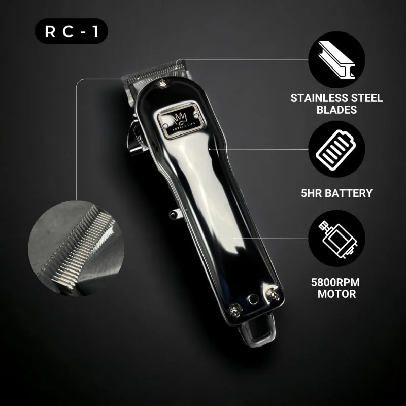 Royal Clips Kit Dissolvenza Capelli e Barba 2.0 – Pacchetto Tagliacapelli Professionale, Trimmer e Rasoio a Lamina per Uomo, Batteria da 5 Ore, Argento