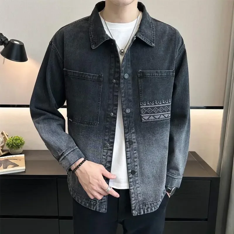 

Male Jean Coats Long Cargo Men's Denim Jacket Black with Embroidery Gradient Color Elatic Korea Y2k Designer Fast Delvery G Rock