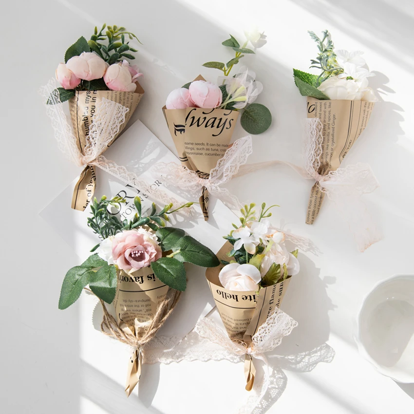 Artificial Flowers Mini Combo Bouquet Corsage Scrapbooking Wedding Christmas Decortion Home Pompon Handwork Silk Rose Fake Plant