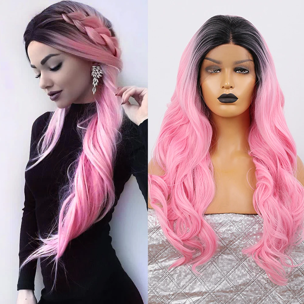 

UNIQUEWIG 26inch Synthetic Lace Wigs for Women Ombre Black/Pink Body Wave Glueless Wig Heat Resistant Fiber Cosplay Lace Frontal