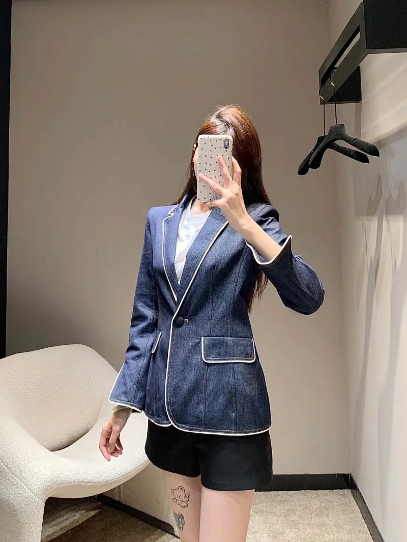 Korean style women's suit, fashionable and casual, British style, handsome and versatile, waist cinching and slimming denim suit