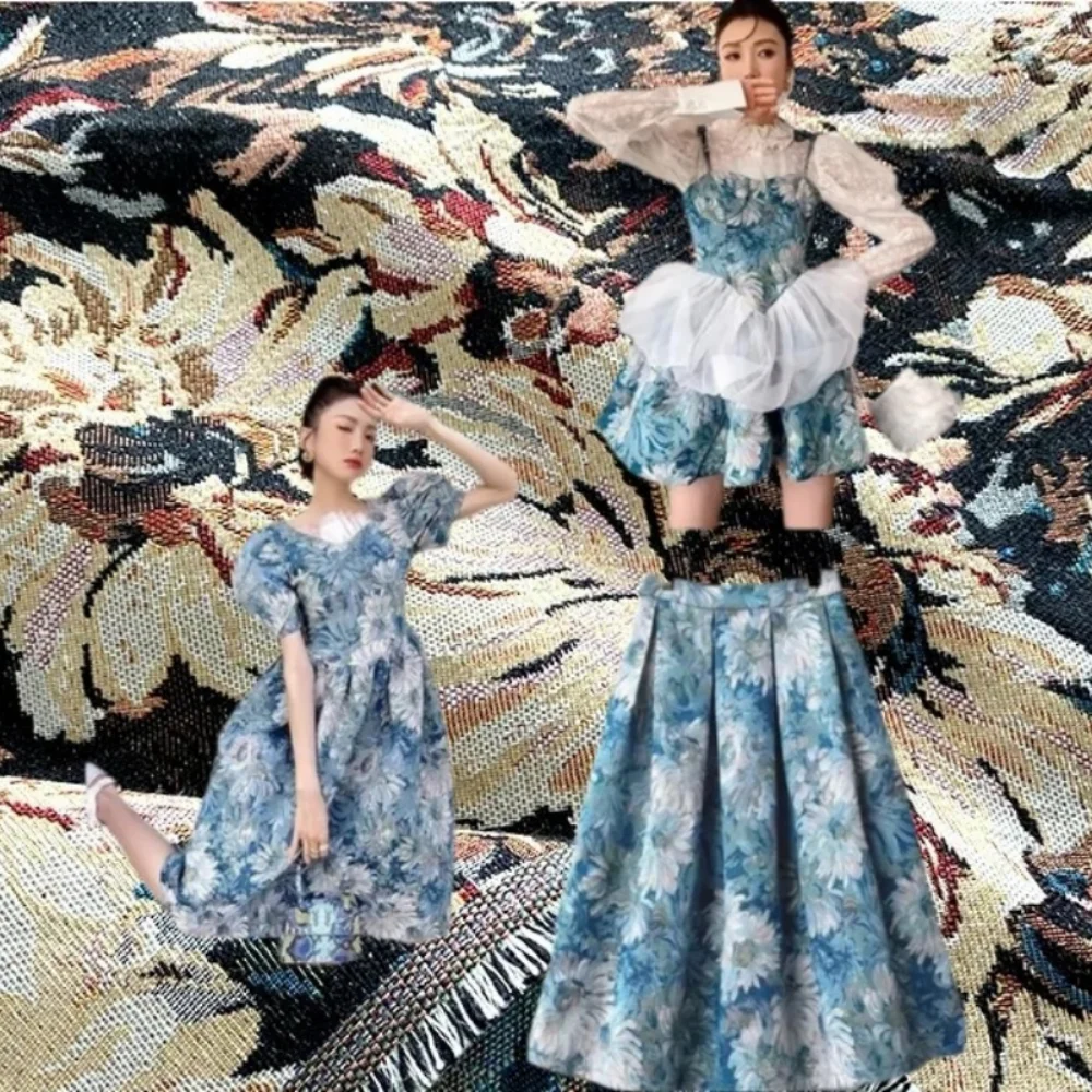 

Окрашенная пряжа жаккардовая ткань Моне Сад Картина маслом Стиль Подсолнух Сумка Юбка Фон Украшения Принты Дизайн одежды Ткань