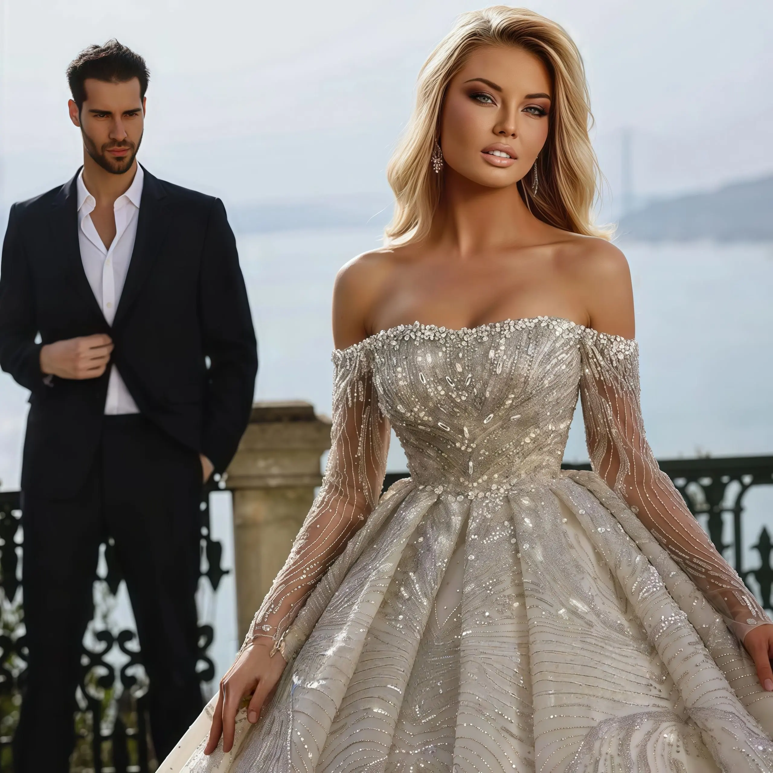 Aangepaste luxe kristallen trouwjurk kralen uit de schouder bruids baljurken lange mouwen bruid jurken nieuwe vestido