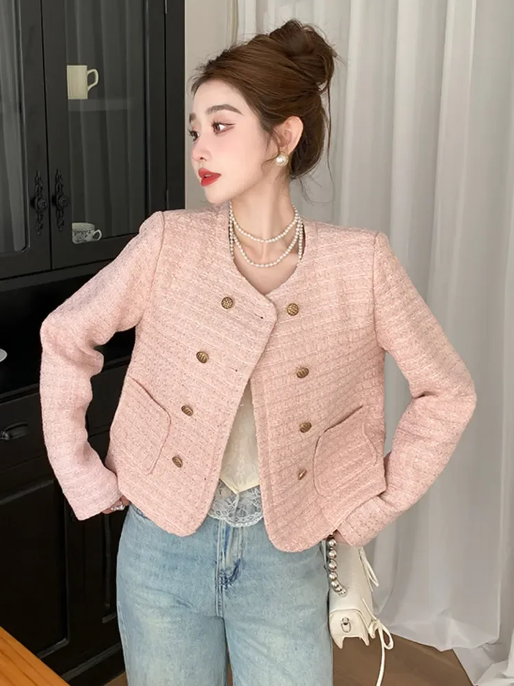 

Autumn Winter French Vintage Small Fragrant Tweed Jacket For Women Elegant Fashion Casual Woolen Short Coats Sweet Outerwear