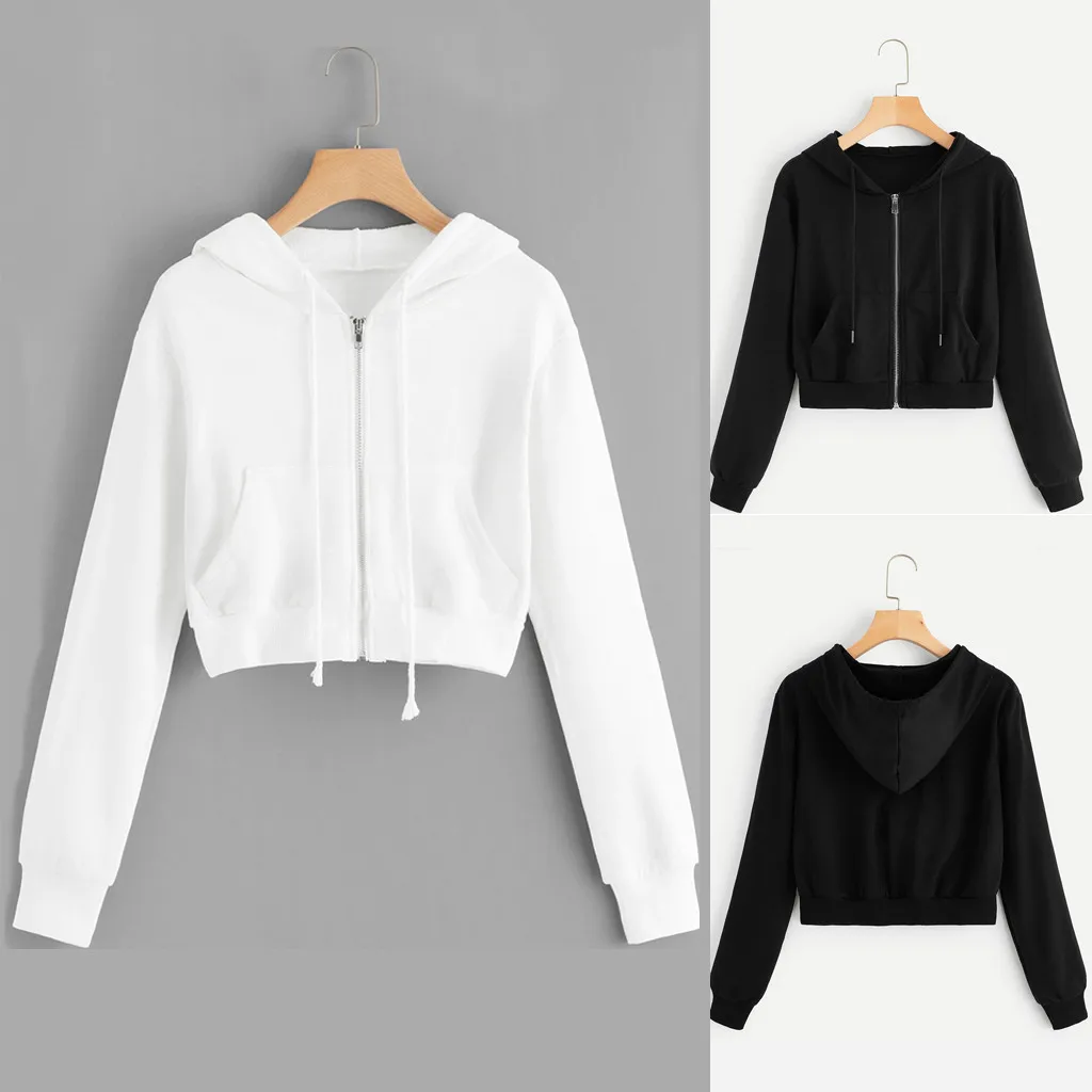 Casual White Crop Top Jacket Women Casual Solid Long Sleeve Zipper Pocket Shirt Hooded Sweatshirt Tops Hoodies Female Ropa Mujer