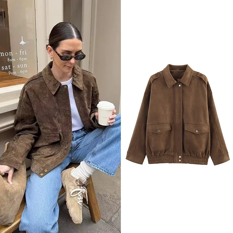 

Fashion With Pocket Loose Jackets Coats For Women Turn-down Collar Long Sleeve Coats Vintage Female Outerwear Chic Tops
