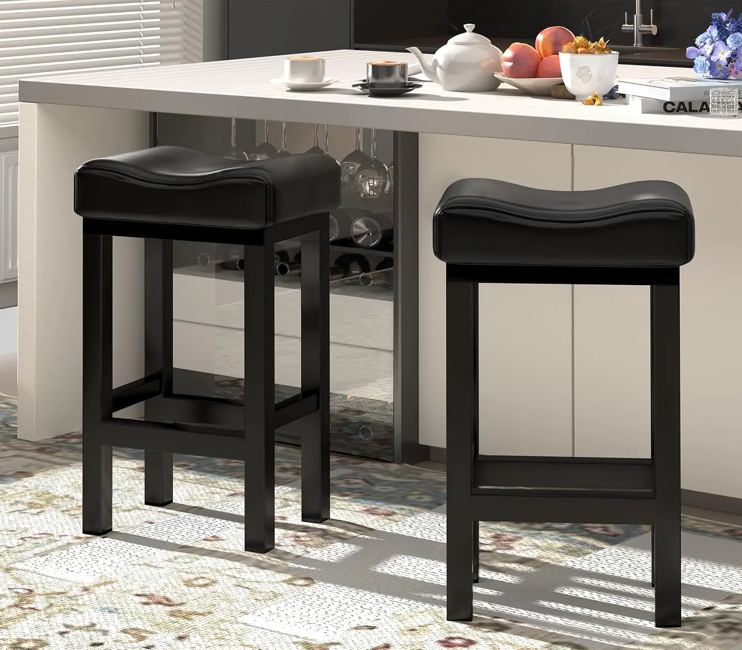

30" Counter Height Bar Stools Set of 2, Faux Leather Saddle Seats, Heavy Duty Metal Base, Easy Assembly, Black