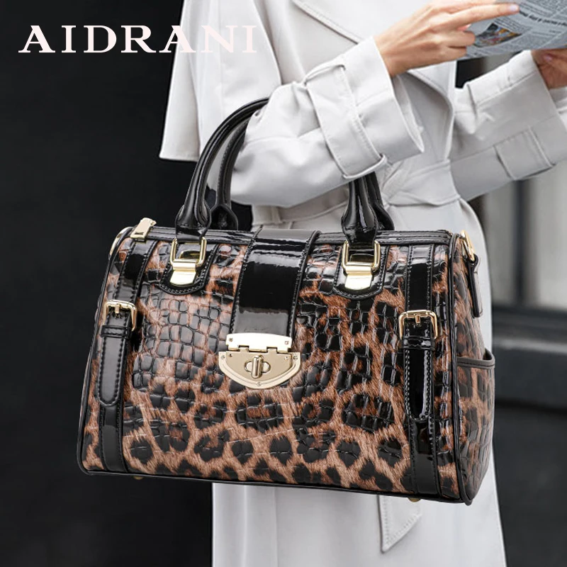 Aidrani  Fashionable original design women\'s handbag, luxurious leopard print Boston bag made of high-quality cowhide