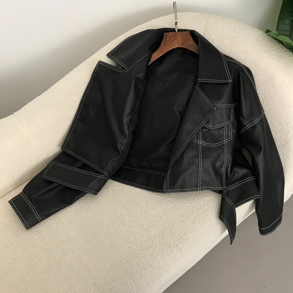 New Biker Jacket Streetwear Faux PU Leather Coat Spring Women Fashion Split Hem Black Lapel Long Sleeve Female Casual Fashion